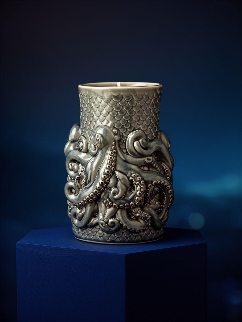 Kraken Kerzenhalter aus Keramik auf einem tiefblauen Podest mit feinen Schuppenstrukturen